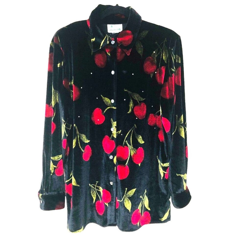Quacker Factory Velvet Shirt Cherries Embellish Stretch Relaxed Womens L XL
